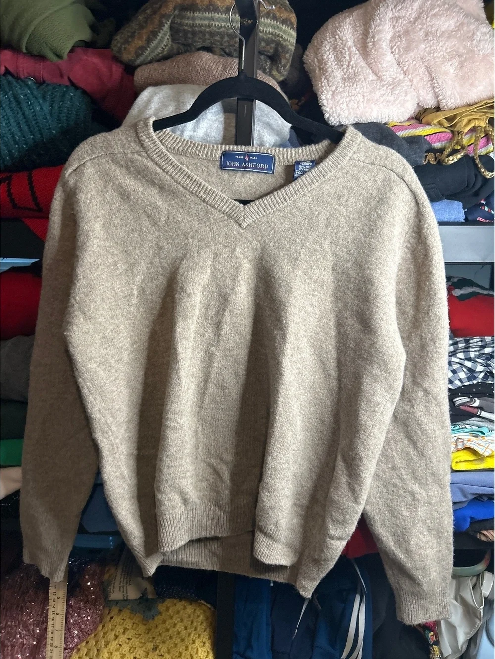 John Ashford 100% Pure New Wool V-Neck Sweater Beige Medium